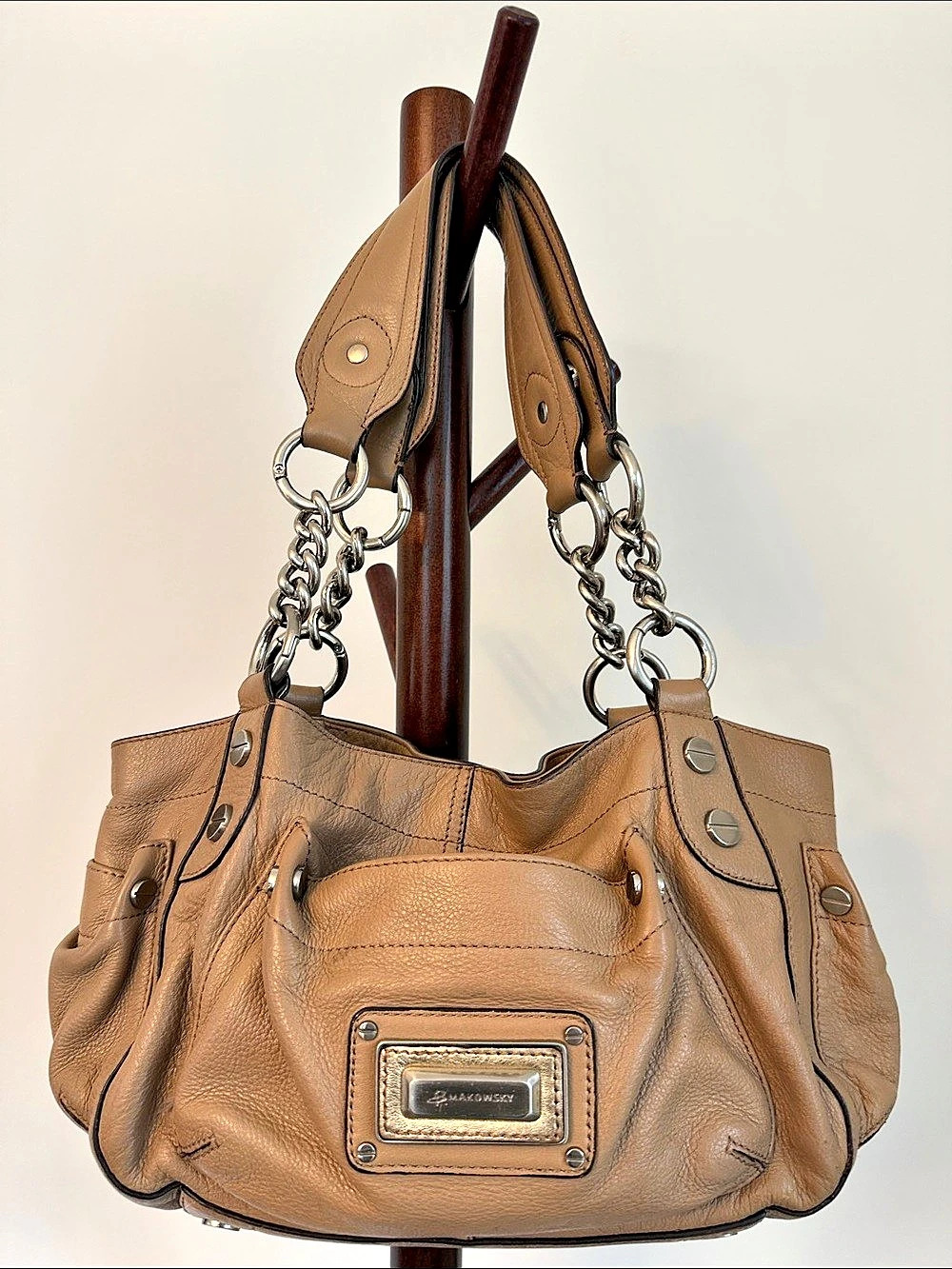 B. Makowsky Leather Shoulder Bag Leopard Print Lining
